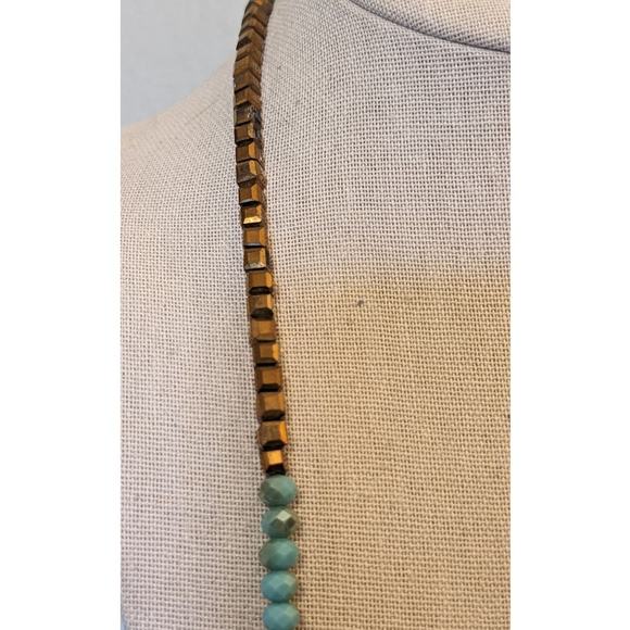 Turquoise Bead, Bronze, Copper, Braided Cord, Toggle Clasp Cross Charm Necklace - Picture 5 of 12